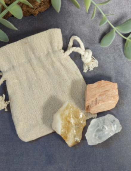 Volle Maan setje met Buidel / Maansteen, Bergkristal & Citrien