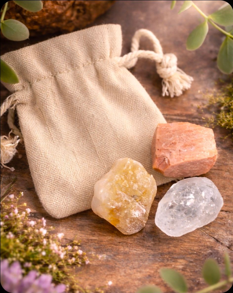 Volle Maan setje met Buidel / Maansteen, Bergkristal & Citrien