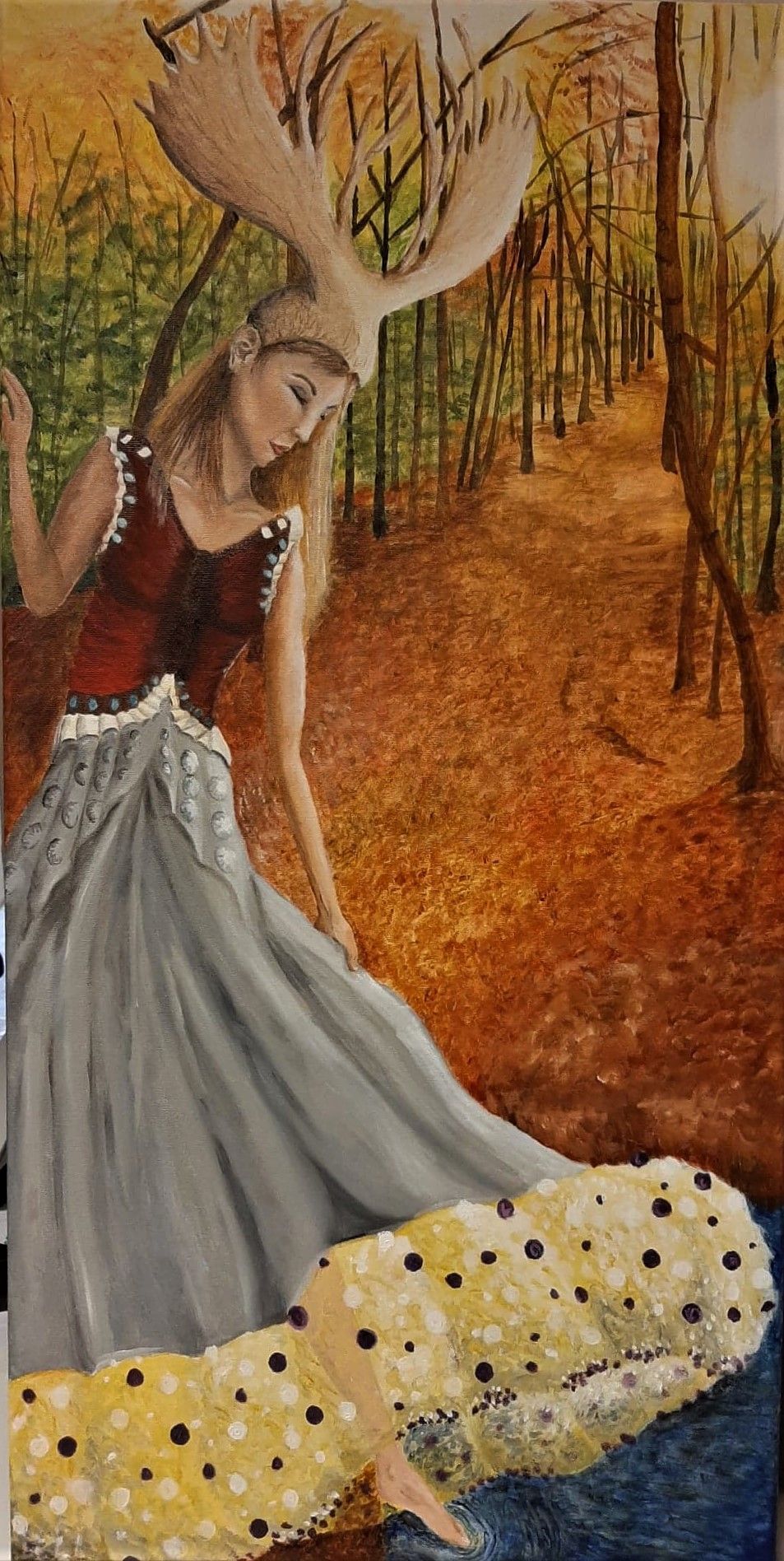Schilderij - Midzomernacht, Vrouw (met gewei) / Carine's Creaties