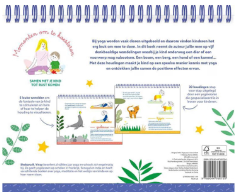 Yogakalender voor kinderen met illustraties van yogahoudingen.