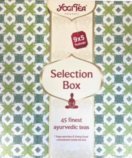 Een doos met negen individuele theezakjes in verschillende kleuren, gelabeld met verschillende theesoorten.