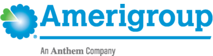 A blue and white logo for amerigroup an anthem company