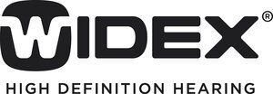 A black and white logo for widex high definition hearing.