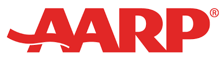 A red aarp logo on a white background