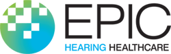 The logo for epic hearing healthcare is blue and green.