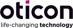 The logo for oticon life-changing technology is black and purple.