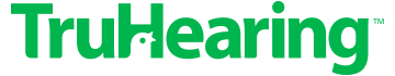 A green and white logo for truehearing on a white background