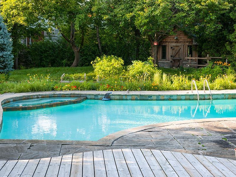 Swimming pool with a wooden deck and a small cabin in a green backyard.