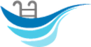 Blue wave graphic with a gray pool ladder.