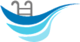 Blue wave graphic with a gray pool ladder.