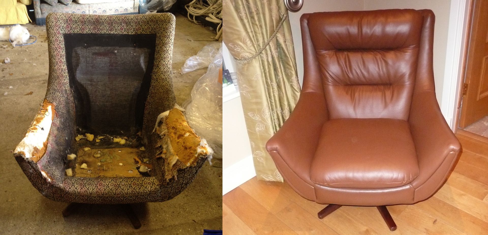 badly damaged 70s wing back chair, before and after restoration