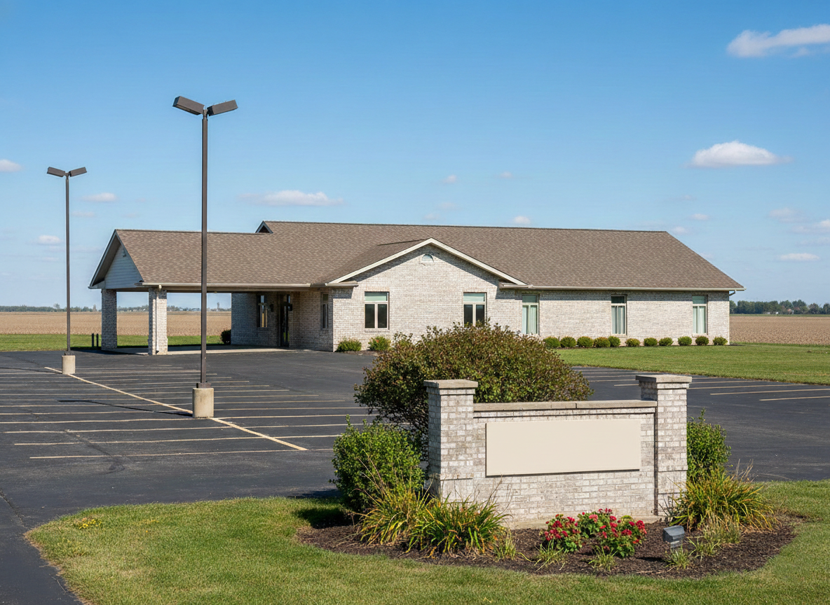 Hunter Funeral Home building and sign on a sunny day.