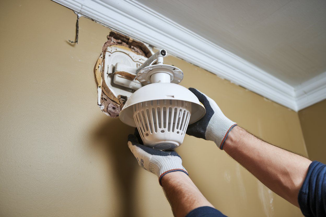 A man is installing a fire alarm on the ceiling of a house.