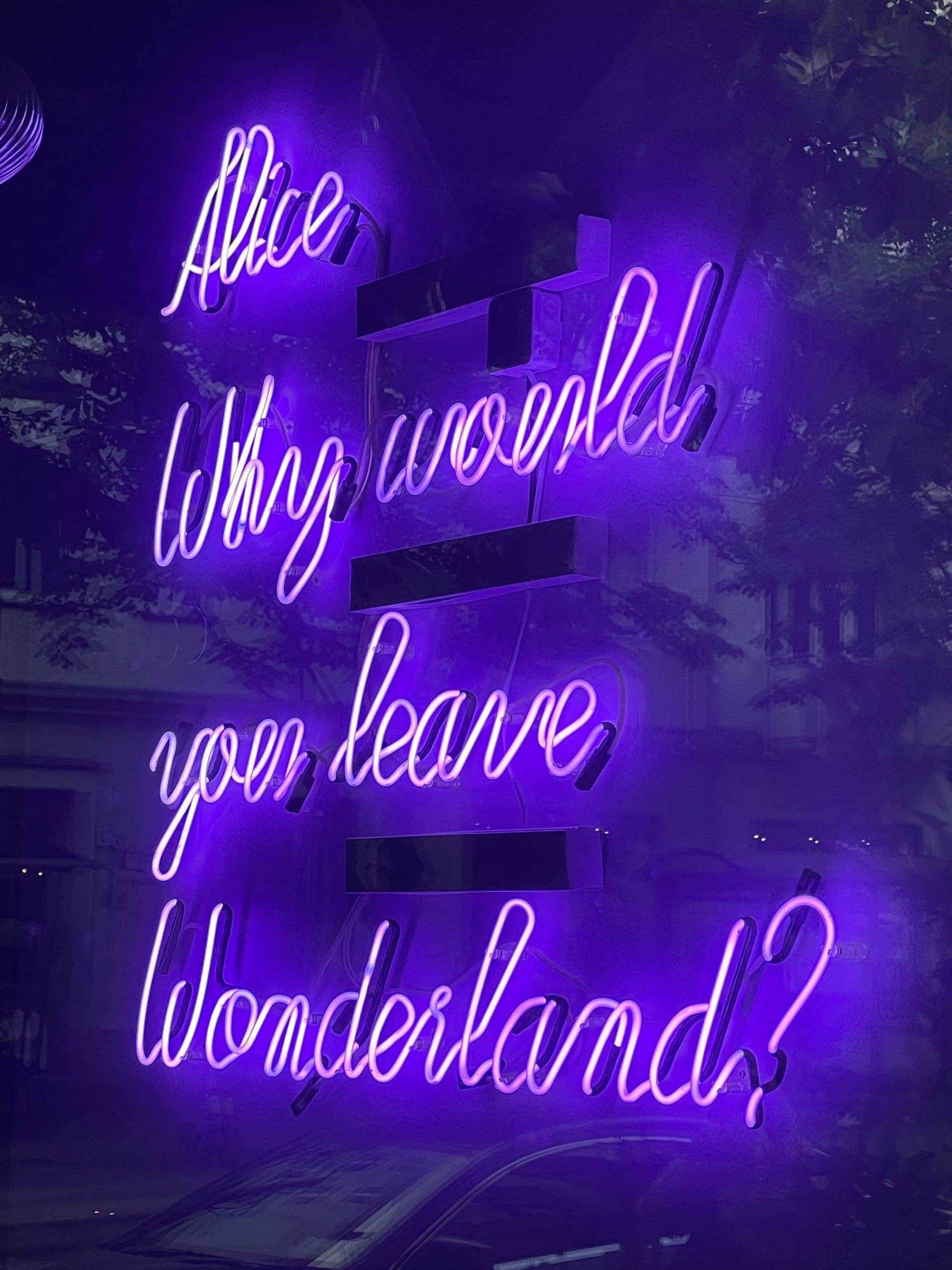 A neon sign that says 'Why would you leave Wonderland, Alice'