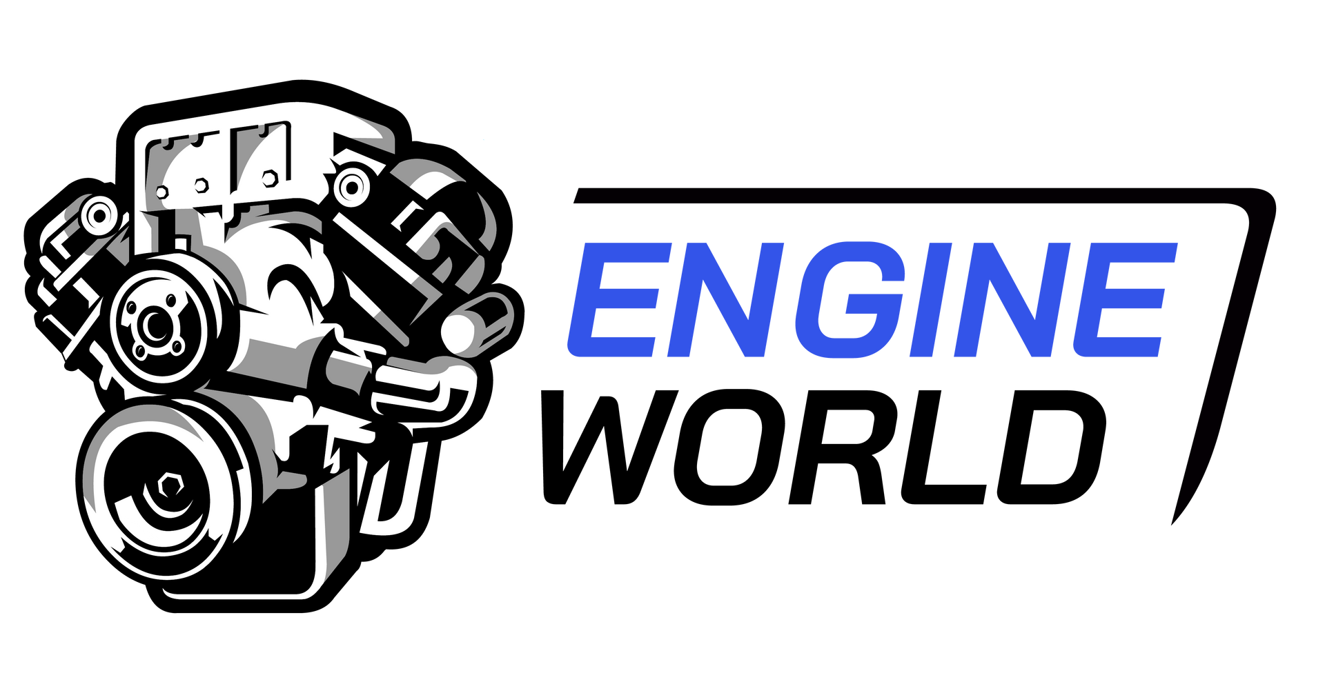 The logo for engine world is a black and white image of a engine.