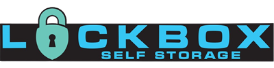 Lockbox Self Storage logo with a teal padlock icon and teal text on a black background.