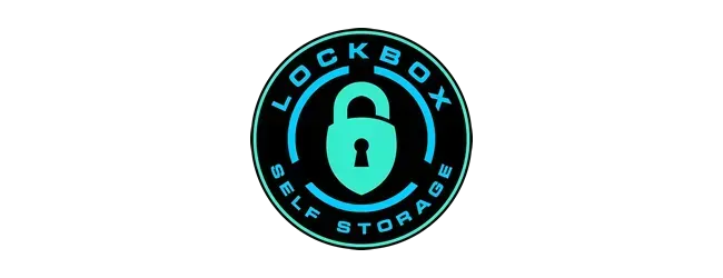 Lockbox Self Storage logo with a teal padlock inside a blue and black circular design.