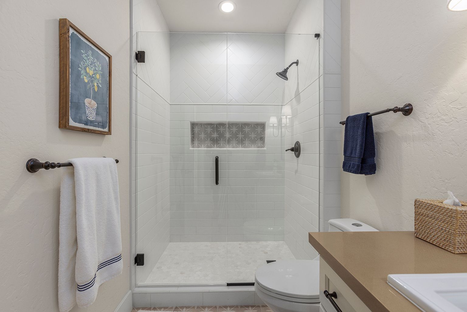 A bathroom with a walk in shower , toilet and sink.