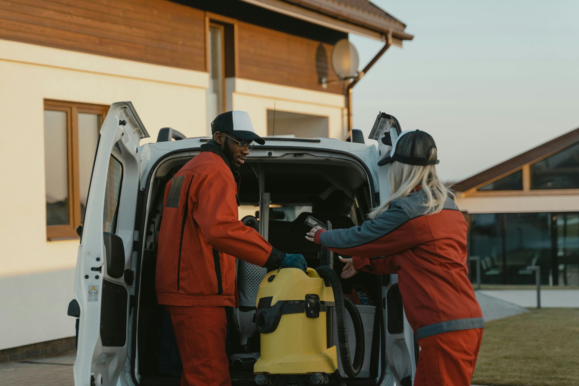 Two people in matching red jumpsuits unload cleaning equipment from a white van in front of a house.
