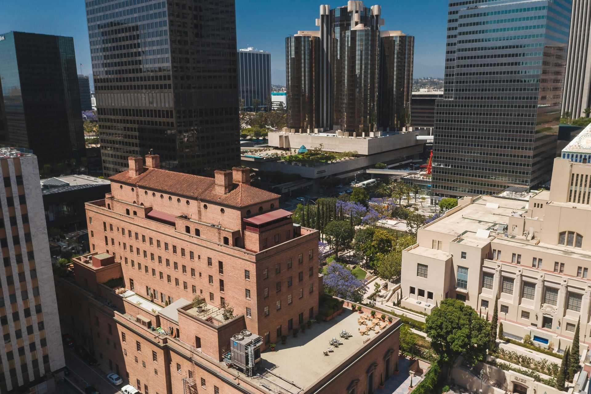 Downtown Los Angeles cityscape, featuring brown brick building, tall skyscrapers, blue sky, and a park with purple flowers.