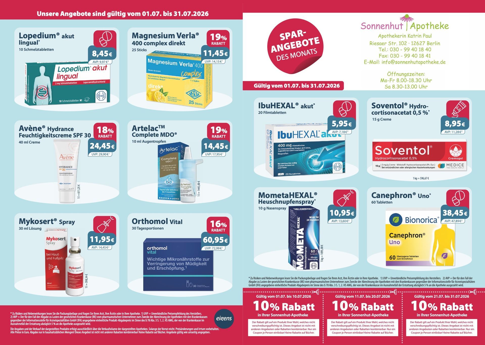 Werbeplakat mit 10 % Rabatt auf verschiedene Medikamente und Gesundheitsprodukte in farbenfrohen Produktverpackungen