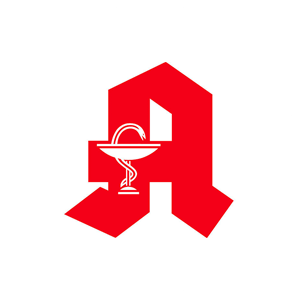 Ein rot-weißes Logo für eine Apotheke mit einer Schlange und einer Tasse