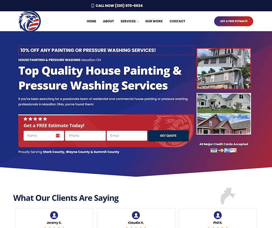 The homepage of a website for top quality house painting and pressure washing services.