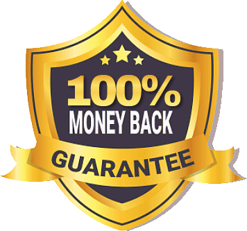 A gold shield with the words `` 100 % money back guarantee '' written on it.
