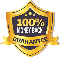 A gold shield with the words `` 100 % money back guarantee '' written on it.