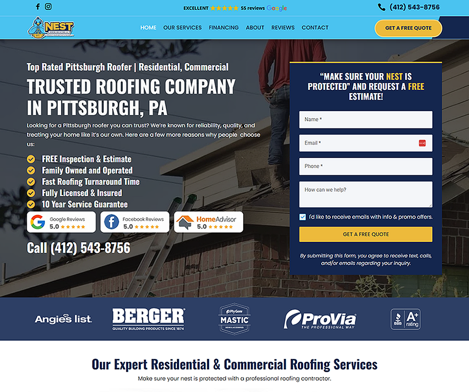 The homepage of a roofing company in pittsburgh , pa.