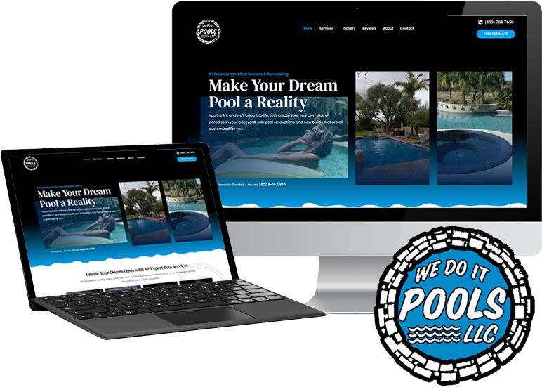 A computer and a laptop are displaying a website for we do it pools llc.