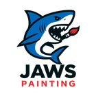 Blue shark holding a paintbrush in its mouth, "JAWS PAINTING" logo.