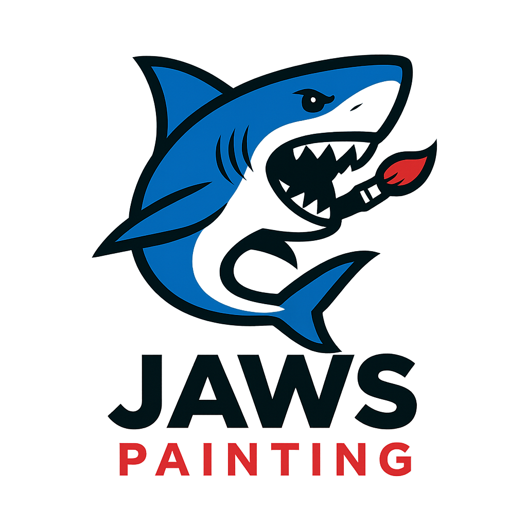Blue shark holding a paintbrush in its mouth, "JAWS PAINTING" logo.