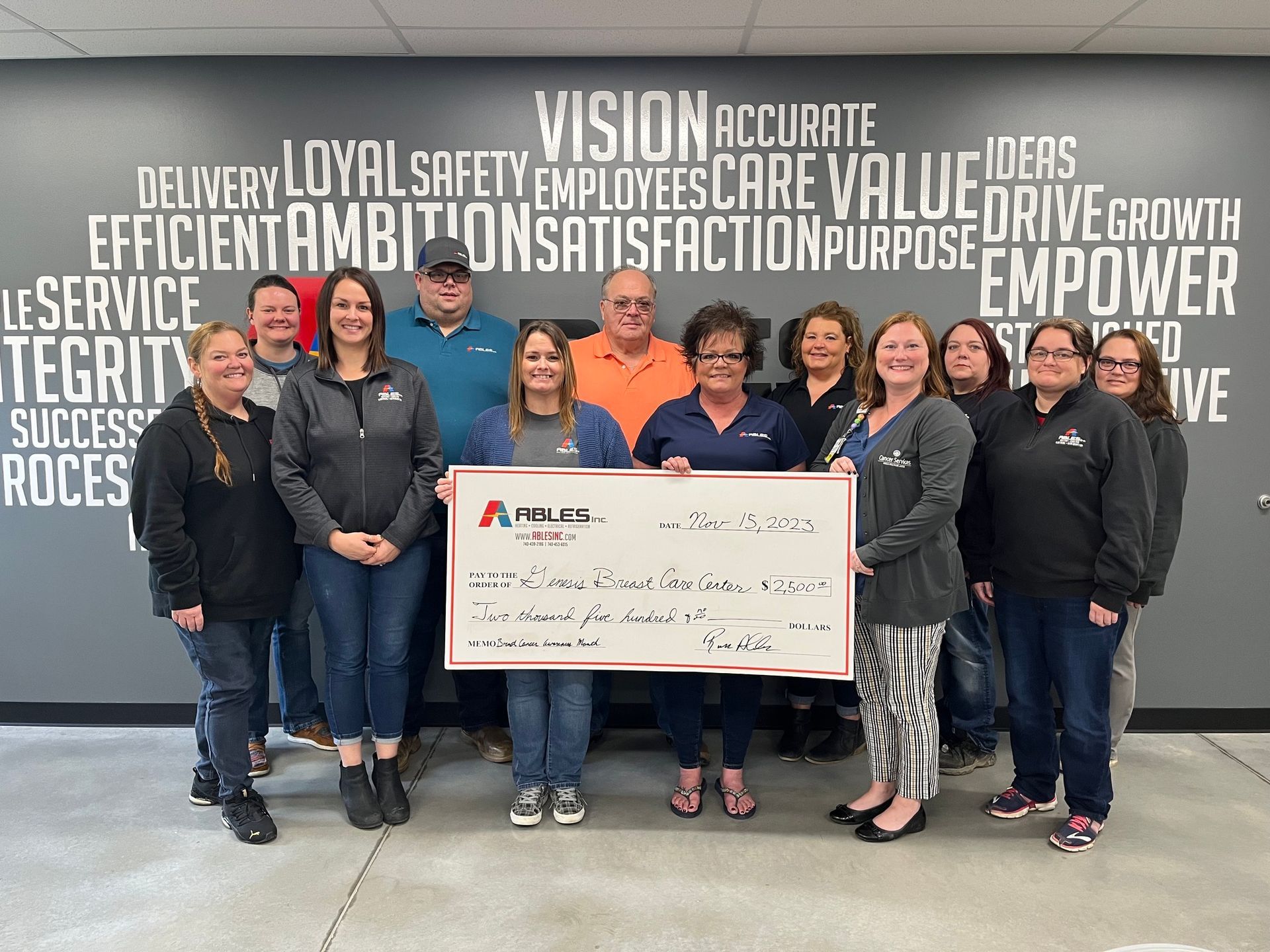 A group of people standing next to each other holding a large check.
