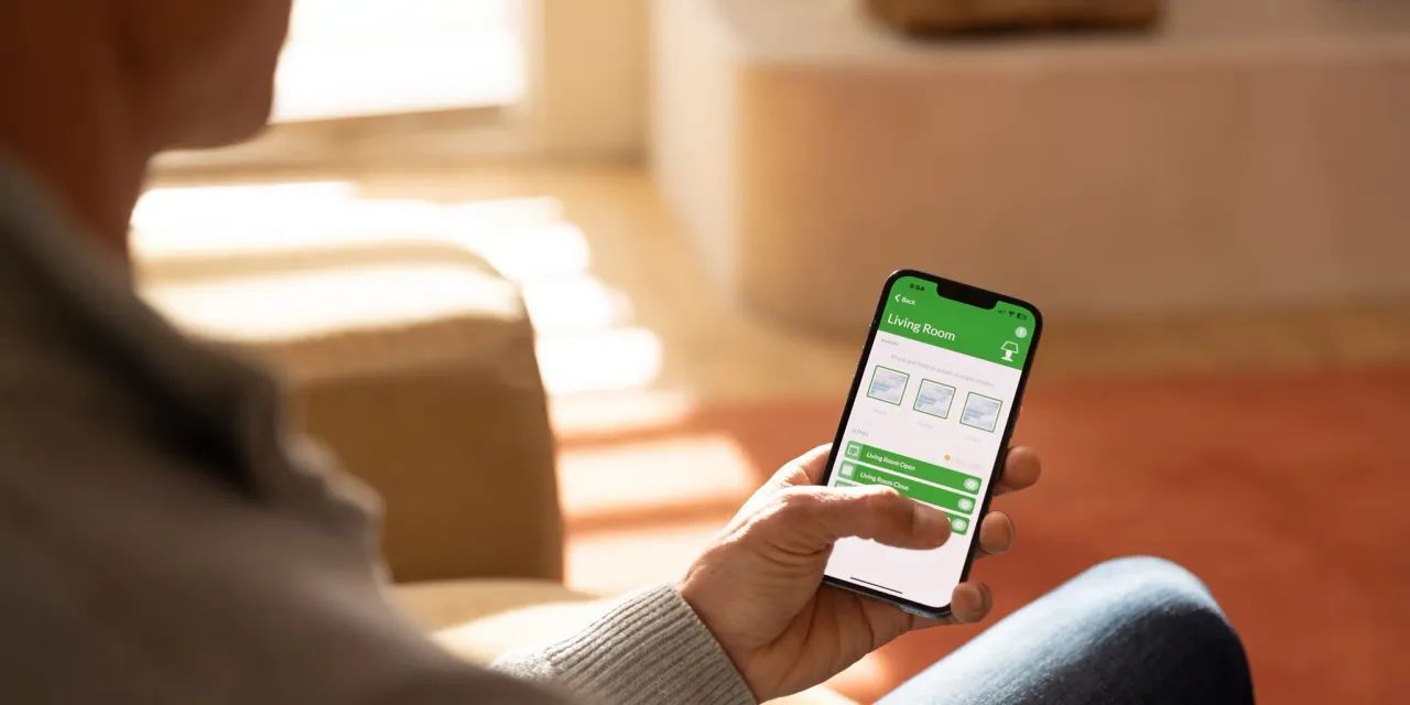 Person Holding A Phone with the Hunter Douglas PowerView® App Open