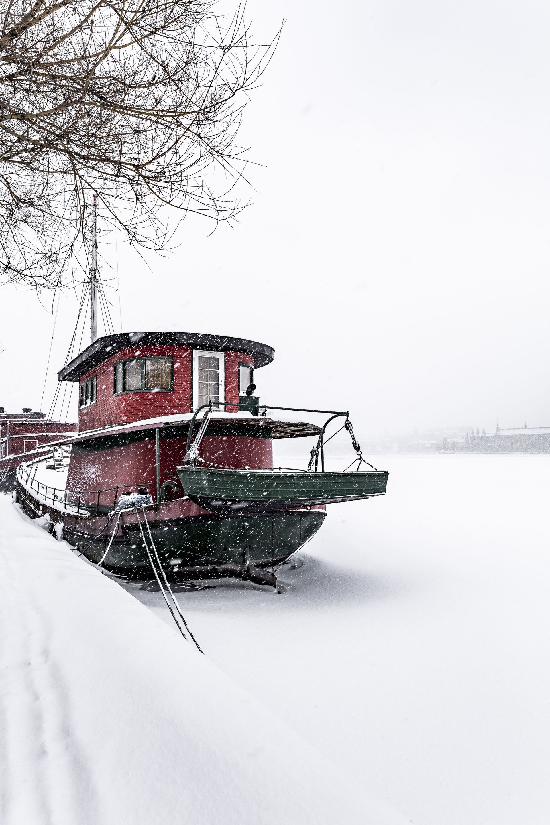 A red boat is sitting in the snow next to a tree.