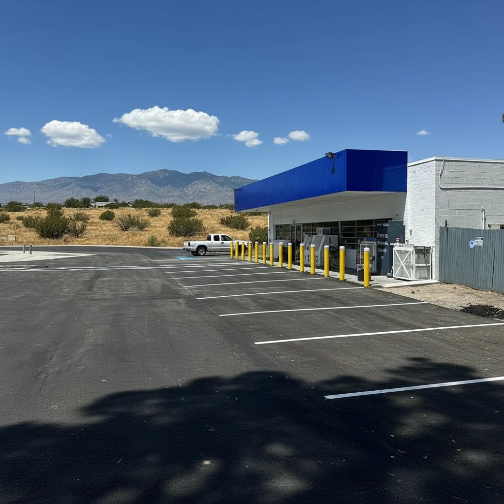 Fresh white parking lot striping lines at commercial property in Rio Rancho New Mexico USA
