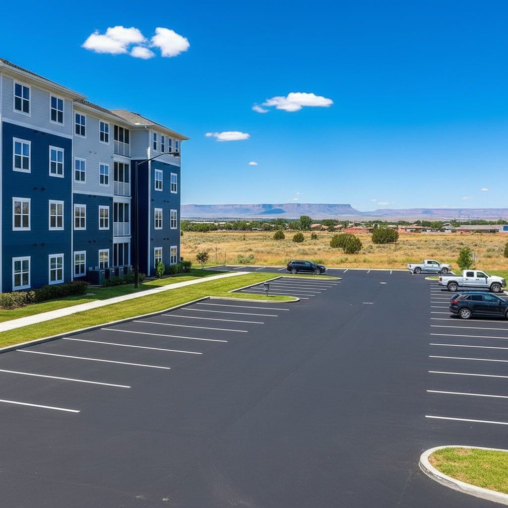 Fresh parking lot striping at apartment complex in Rio Rancho New Mexico with clear lines