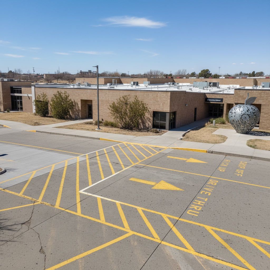 Yellow fire lane striping and directional arrows in Rio Rancho New Mexico commercial lot