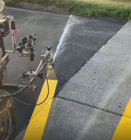 Sealcoating spray application on asphalt surface in Rio Rancho New Mexico parking lot