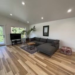 A living room with hardwood floors, a couch, a television, and a rug.