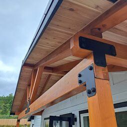 A close up of a wooden structure with a roof.