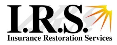 The logo for Insurance Restoration Services (I.R.S.) features the letters 