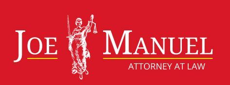 Logo for Joe Manuel, Attorney at Law, featuring the Lady Justice symbol in white on a red background.