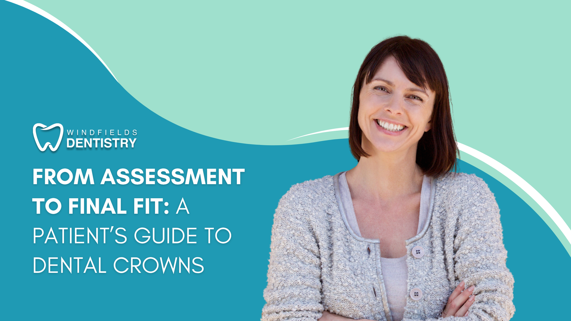 Woman smiling in front of teal background with dental crown title.