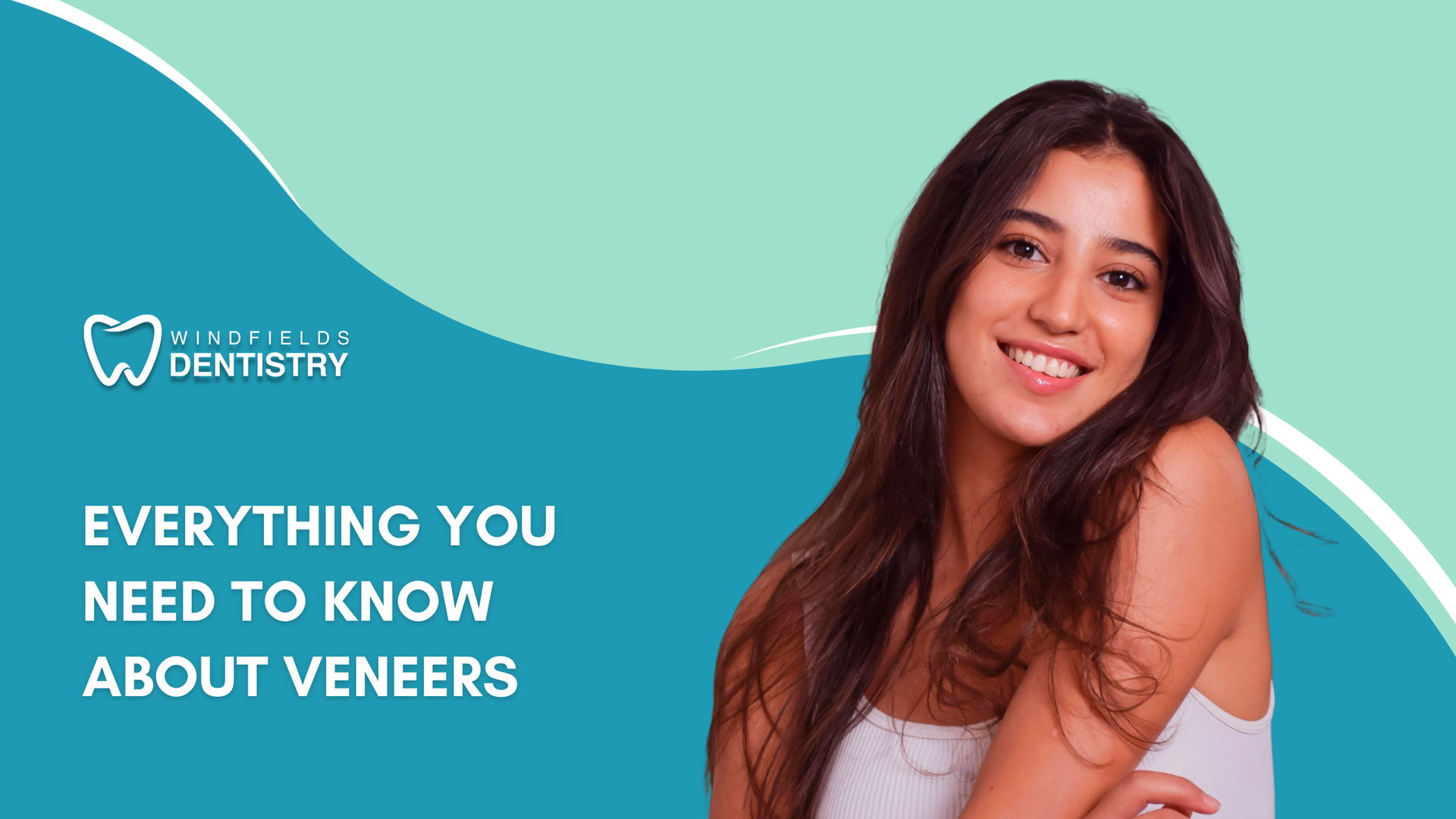 Woman smiling in front of a dentistry graphic about veneers; teal background, white text.
