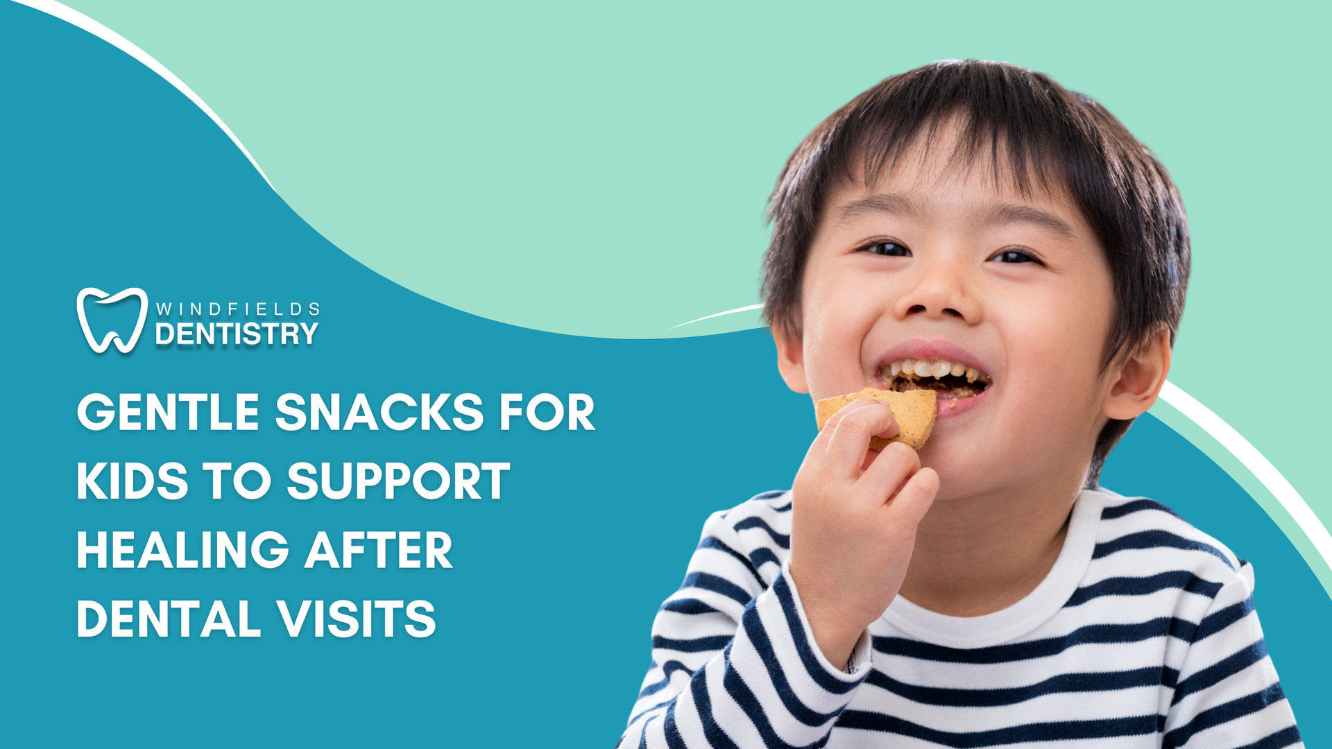 A young Asian boy smiles while eating a snack, promoting gentle foods after dental visits; teal background.