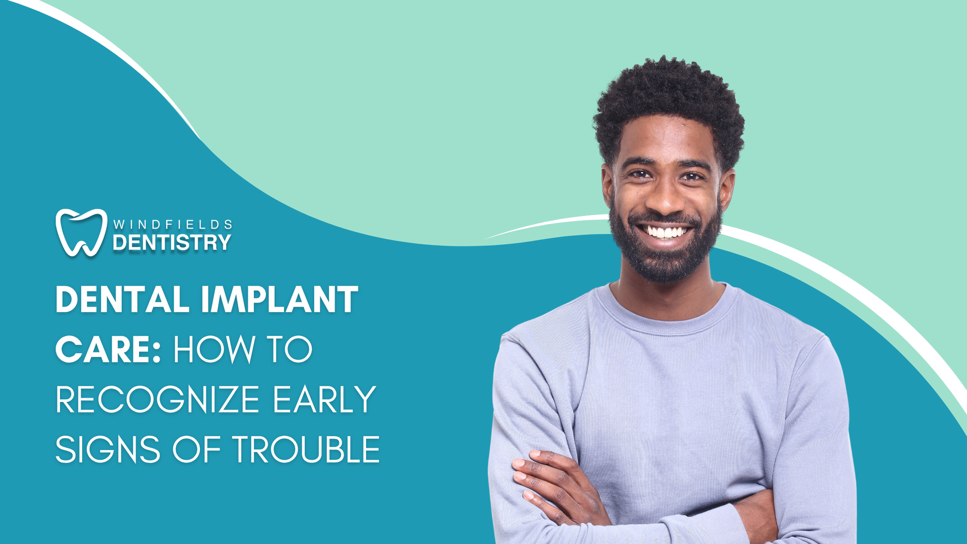 Man smiling, arms crossed, promoting dental implant care. Blue/green background, text.