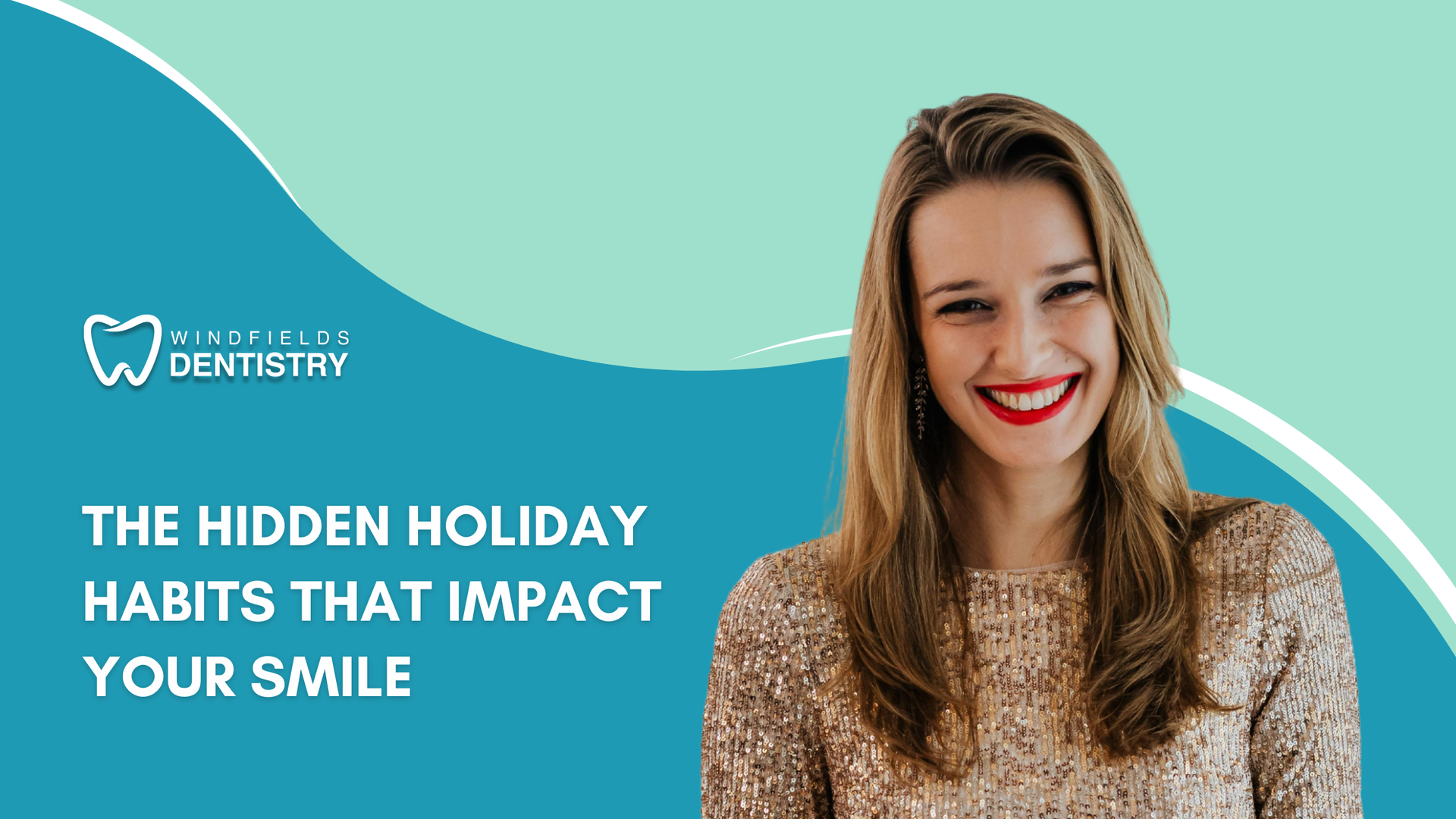 Woman smiling with red lipstick, text