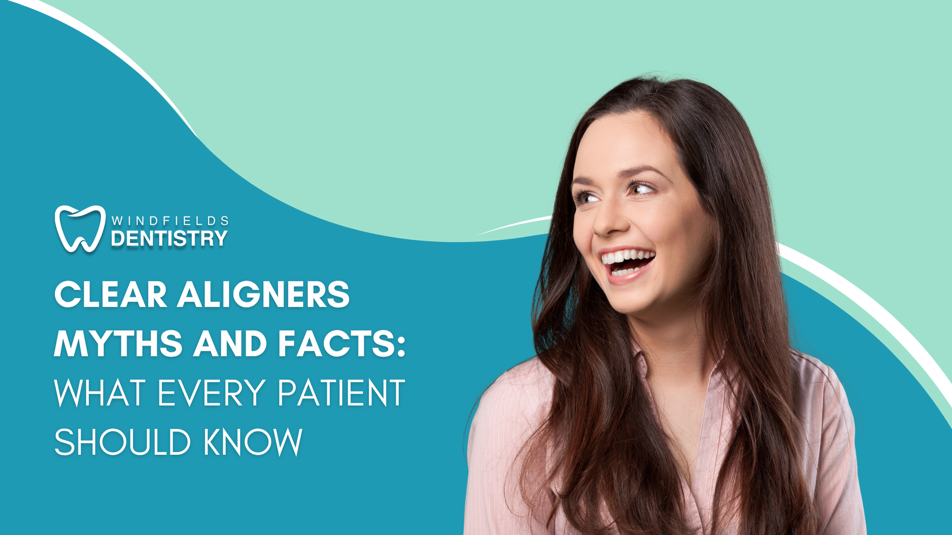 A woman smiles in a dental ad. Text reads